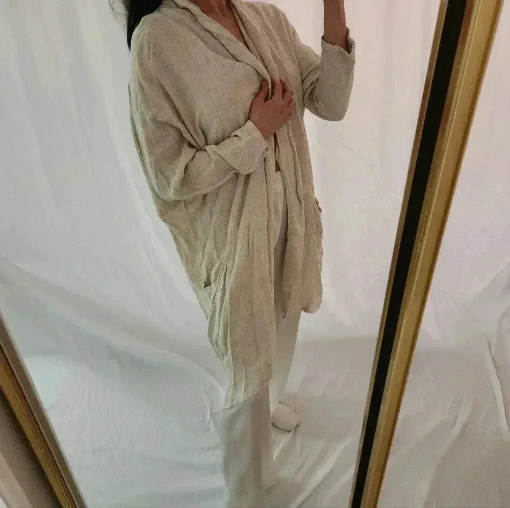 Authentic Organic Japanese Sweater Cardigan Pockets Artistic Beige Tan Straw - Picture 2 of 9